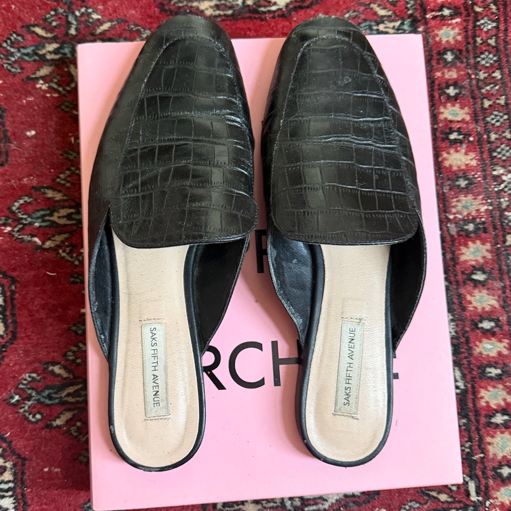 Saks Fifth Avenue Black Croc-Embossed Leather Slide Mules